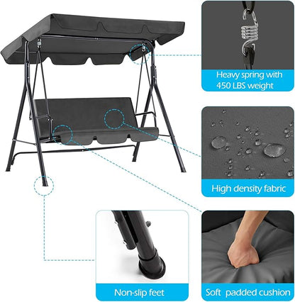 AECOJOY 3-Seat Outdoor Clearance Porch Swings for Adults, Outdoor Patio Swing with Adjustable Canopy & Removable Cushion for Backyard, Garden, Balcony, Grey