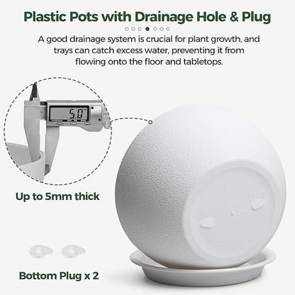 T4U 8 Inch Plant Pots, Plastic Planters with Drainage Holes, Plugs, and Saucers, Ideal for Indoor and Outdoor Use - 2 Pack, White