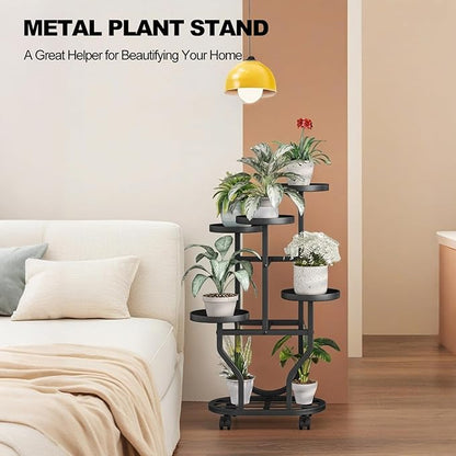 Plant Stand 5 Tier Indoor Outdoor Metal Flower Shelf with Wheels Multi Plants Holder Display Rack for Garden Patio Balcony Living Room Black (Black, 5 Tier)