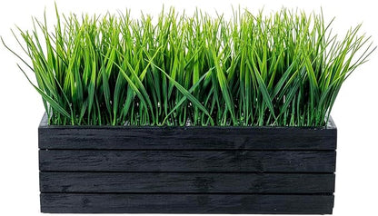 MyGift 14 Inch Artificial Green Grass Plant in Vintage Black Wood Planter Window Box, Faux Greenery in Decorative Rectangular Crate Style Wooden Container