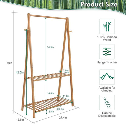 Hanging Plant Shelf Indoor Outdoor Plant Stands Wood Flower Stand 2 Tiered Bamboo Plant Shelves Holder Rack for Patio Balcony Garden (Tall,50 inch)