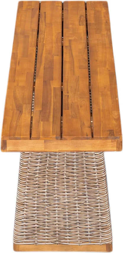 Christopher Knight Home Pasco Acacia Wood Outdoor Dining Table Set for 6, Wicker Patio Dining Set with Acacia Wood Table and Bench, Patio Table and Chair Set with Cushion+Rope Back, Black+Teak+Brown