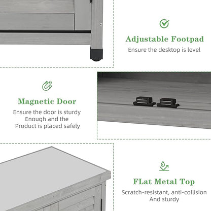 Outdoor Potting Bench with Storage Cabinet and Metal Top, Wood Workstation for Outdoor Patio, Garden (Light Grey, 31x17x36‘’)