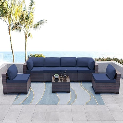 Kullavik 7 Pieces Outdoor Patio Furniture Set PE Wicker Rattan Sectional Sofa Patio Conversation Sets,Navy Blue