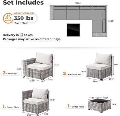 ovios 6 Pieces Patio Furniture Set, Outdoor Wicker Sectional Sofa with Glass Table Comfy Cushions, Modern Modular Deep Seat Couch Rattan Conversation Set, Beige