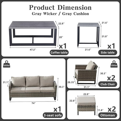 Belord 7 Piece Outdoor Furniture Patio Wicker Sofa Set, Oversize Outdoor Dining Chairs with Rattan Ottomans, Conversation Sets Patio Furniture Come with Removable Washable Cushion Grey