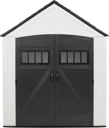 Rubbermaid Resin Outdoor Storage Shed With Floor (7 x 10.5 Ft) Weather Resistant, White, Organization for Home/Backyard/Garden Tools/Lawn Mower/Bike Storage/Pool Supplies