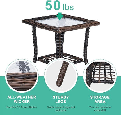VINGLI Outdoor Side Table with Storage Wicker Patio Side Table, Tempered Glass Top End Table for Balcony Porch Deck (Brown)