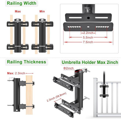 Heavy Duty Deck Railing Umbrella Holder, Adjustable Patio Umbrella Stand for 1-2 Inch Poles, Secure & Sturdy Railing Grille Mount, Maximizes Outdoor Space