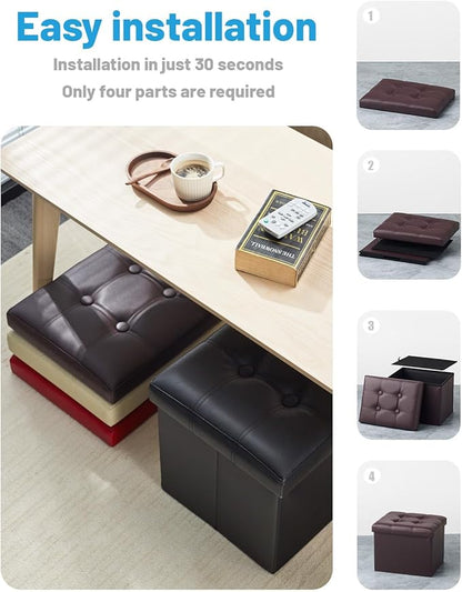 AmasSmile 2PC Storage Ottoman Folding Foot Rest Stool with Side Pocket, 16 inch Leather Footstool Bench, Short Ottoman Bench, Storage Foot Rest Store, Books, Brown