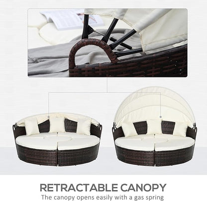 Outsunny 4-Piece Round Convertible Daybed with Cushions, Outdoor PE Rattan Patio Wicker Sofa Set, Sunbed with Adjustable Sun Canopy, Sectional Sofa, 2 Chairs, Table, 3 Pillows, Cream White