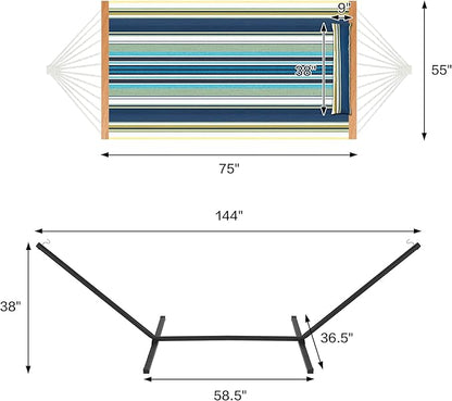 Two Person Hammock with Stand for Outside Heavy Duty, Outdoor Patio Hammock with Portable Steel Stand, Large Double Hammocks,480lbs Capacity.(Grey Stripes)
