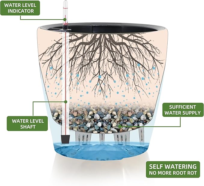 Dexceder 11x10 Inches Self Watering Planter Indoor Outdoor, Inner Pot Design, Thickened Table Flower Plant Pot with Water Level Indicator (Grey Gold Crackle)