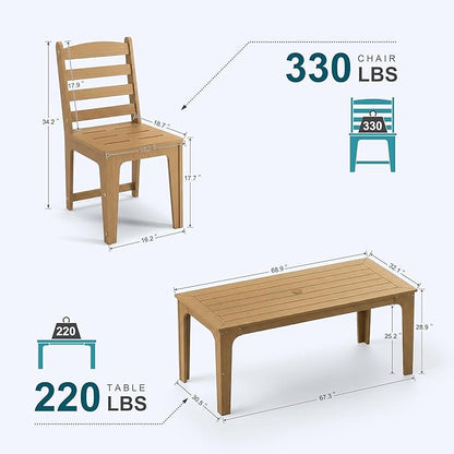 HDPE Patio Dining Set for 6, Weather-Resistant Outdoor Table with Umbrella Hole, Never Sagging One-Piece Tabletop with Metal Support Bars for Poolside Backyard Garden (Teak Color)