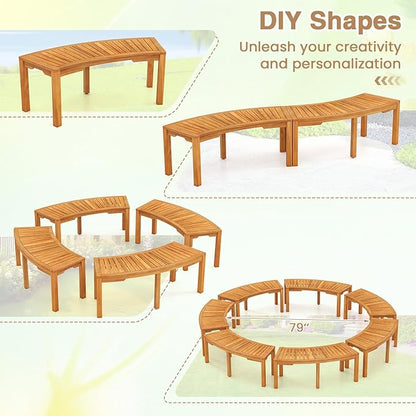 Tangkula Outdoor Curved Bench, Acacia Wood Fire Pit Bench w/Slatted Seat, Patio Backless 2-Person Seating for Porch, Yard, Garden, 800 LBS Max Load, Oil Painted (2, 45")
