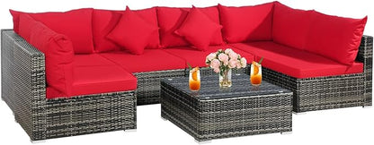 Tangkula 7 Pieces Wicker Patio Furniture Set, All-Weather Outdoor Rattan Sectional Sofa Set with Cushions & Tempered Glass Coffee Table, Outside Sofa Set for Garden, Lawn, Deck, Backyard (Red)