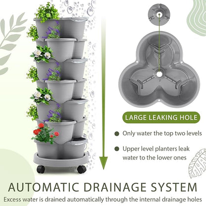 Umigy 2 Set Light Gray 7 Tier Stackable Vertical Planters with Removable Wheels and Tools Tower Planters Strawberry Herb Flower Vegetable Pots Indoor Outdoor Gardening Pots