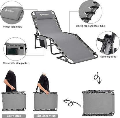 KingCamp Lounge Chair Outdoor, Folding Tanning Chairs Comfy Adjustable 5-Position Lay Flat Foldable Chaise Chaser Lounger with Pillow for Outside Beach Patio Sun Bathing Pool Backyard, Grey