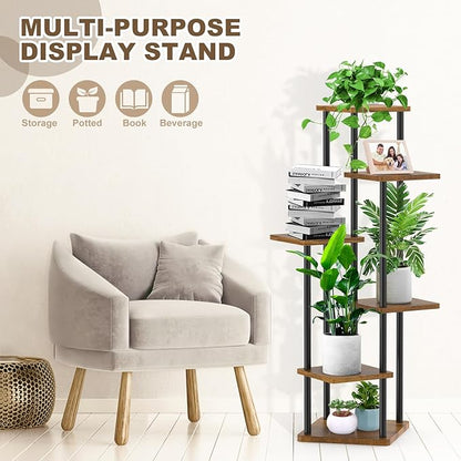6 Tier Wood Tall Plant Stand Metal Rack Indoor, Multiple Flower Pot Holder Shelves Corner Rack, Planter Shelf Display Rack Storage Organizer for Patio Living Room Balcony Garden(Black)