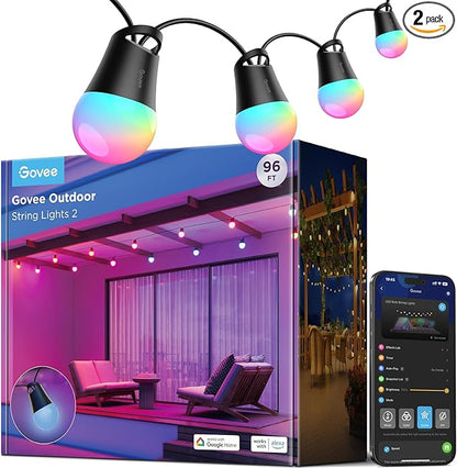 Govee Smart Outdoor String Lights 2, 96ft RGBIC Outdoor Lights with Dimmable Warm White LED Bulbs, 47 Scene Modes for Patio, Backyard, IP65 Waterproof, Compatible with Alexa, App Control