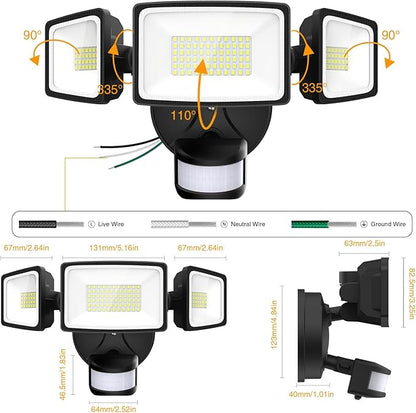 Onforu 75W LED Flood Light Motion Sensor Outdoor, 7000lm Dusk to Dawn Flood Light, Security Light with Three Head, IP65 Waterproof Exterior Floodlight, 6500k Wall Light for Entryway Stairs Yard Garage