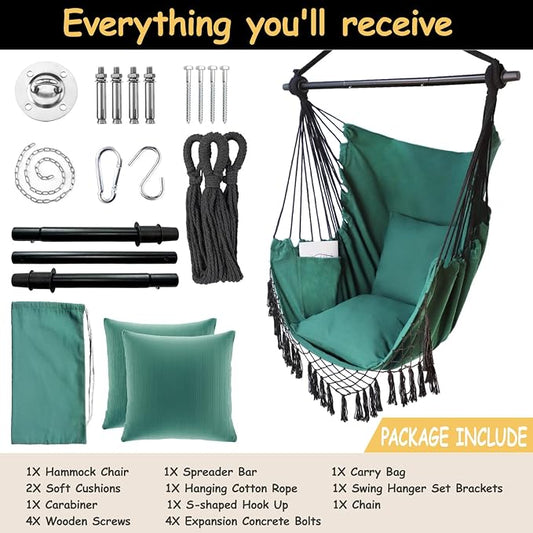 Hammock Chair in Dark Green Polycotton, 450 Lb Capacity, Hanging Rope Swing