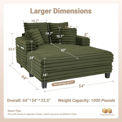 64" Chaise Lounge Chair Indoor, Oversized Sleeper Chair with Wood Frame, Upholstered Sofa Bed for Living Room, Movie Room, Bedroom with 4 Storage Pockets&2 Cup Holders(Plush Corduroy, Green)