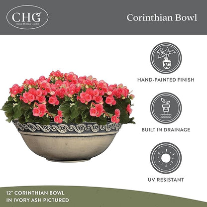 Classic Home and Garden Corinthian Shallow Planter with Drainage - Decorative Garden Bowl Planter for Succulents, Flowers, & More - UV Resistant Wide Plant Bowl for Indoors/Outdoors (12” Ivory Ash)
