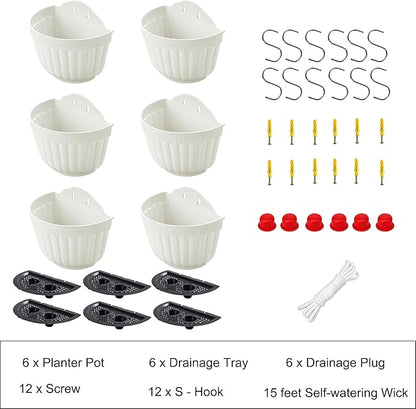 ORIMERC 6 Pcs Plastic Large Wall Plant Pots Vertical Garden Living Wall Mounted Window Hanging Basket Fence Planters Indoor Outdoor for Plants Flowers Kitchen Herbs Holder with Drainage Decor White