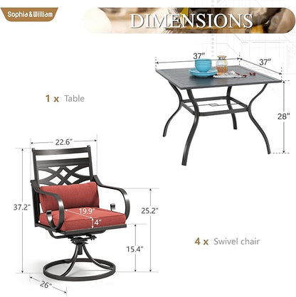 Sophia and William Swivel Outdoor Patio Dining Set for 4, Outdoor Table and Chairs, Removable Seat Cushions, Black 37" Patio Dining Table,Red