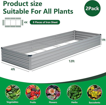 Vengarus 2 Pack 12x4x1FT Galvanized Raised Garden Bed Kit, Outdoor Metal Planter Box for Vegetables, Rectangular Steel Container, Easy Assembly (Sliver)