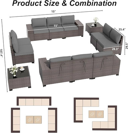 ALAULM 12 Pieces Outdoor Patio Furniture Set Sectional Sofa Sets Brown PE Rattan Patio Conversation Set w/10 Grey Seat Cushions and 2 Coffee Tables