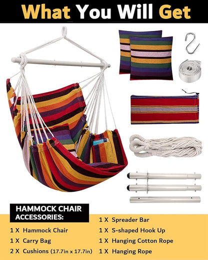 MIZTLI Hammock Chair Hanging Chair Swing Chair Hanging Chair for Bedroom Indoor Outdoor- Max 500 Lbs－Steel Spreader Bar with Anti-Slip Rings, 2 Cushions