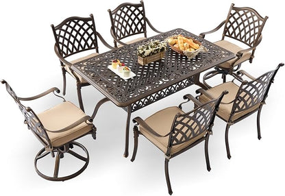 7-Piece Cast Aluminum Patio Furniture, Patio Dining Set for 6 Include 59" Rectangular Outdoor Dining Table, 4 Stackable Chairs & 2 Swivel Chairs with Cushions & Umbrella Hole(Bronze)