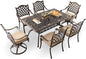 7-Piece Cast Aluminum Patio Furniture, Patio Dining Set for 6 Include 59" Rectangular Outdoor Dining Table, 4 Stackable Chairs & 2 Swivel Chairs with Cushions & Umbrella Hole(Bronze)
