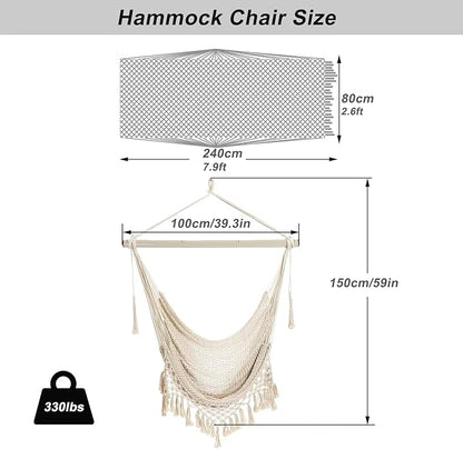 Hammock Chair，Max 330lbs, Large Hanging Chair, Soft Cotton Rope Swing Chair with High Load-Bearing Metal Rod,Indoor Outdoor Garden Yard Living Room Use