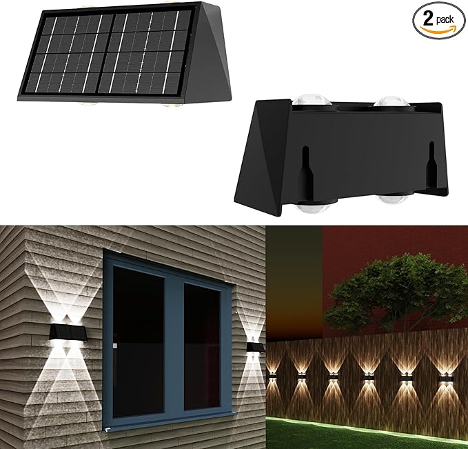 2-Pack Solar Fence Lights, Up & Down Lighting, 50LM/25LM Dual Brightness, 4 Color Modes, IP65 Waterproof, 1200mAh Battery, Screw/Adhesive Mount for Garden Wall Path Deck