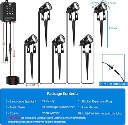 All-in-One Low Voltage Landscape Lighting, Dusk to Dawn Transformer Timer, Waterproof Spotlights, Dimmable LED Outdoor Landscaping Lights Kit for Yard Backyard Tree House 24V (6 pack warm white)
