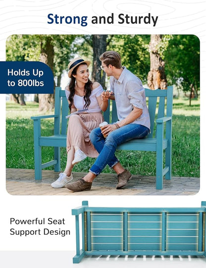Outdoor Bench, Lake Blue HIPS Poly Lumber, 800 lb Capacity