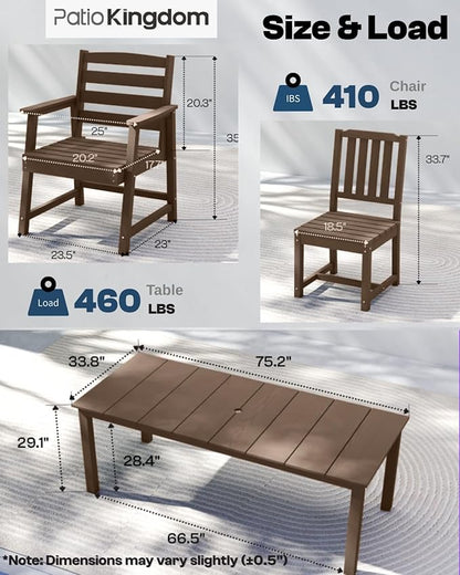 5-Piece Brown Outdoor Dining Set for 4, 75.2'' HDPE Table with Umbrella Hole & Chairs, Weather-Resistant Patio Furniture for Garden, Lawn, or Poolside