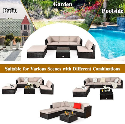 Tangkula 6 Piece Patio Furniture Set, Outdoor Deck Lawn Backyard Durable Steel Frame PE Rattan Wicker Sectional Sofa Set, Conversation Set with Coffee Table (Beige)