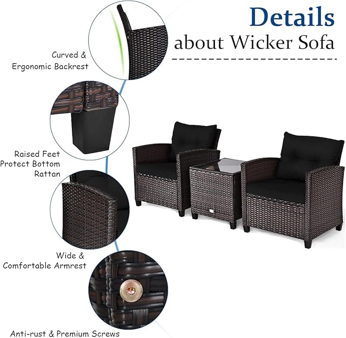 Tangkula 3 Pieces Patio Furniture Set, PE Rattan Wicker 3 Pcs Outdoor Sofa Set w/Washable Cushion and Tempered Glass Tabletop, Conversation Furniture for Garden Poolside Balcony (Black)