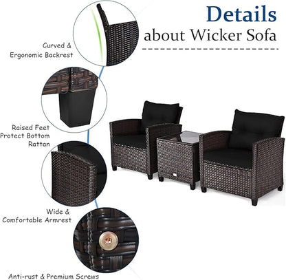 Tangkula 3 Pieces Patio Furniture Set, PE Rattan Wicker 3 Pcs Outdoor Sofa Set w/Washable Cushion and Tempered Glass Tabletop, Conversation Furniture for Garden Poolside Balcony (Black)