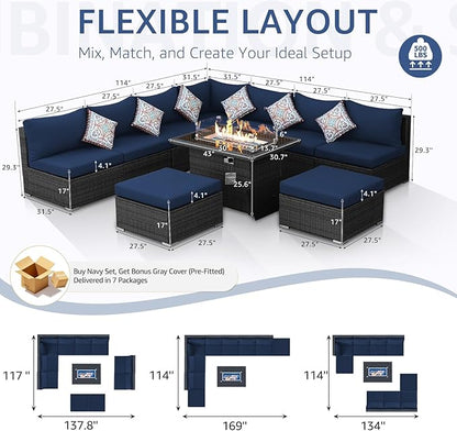 NICESOUL 10 Piece L-Shaped Outdoor Furniture Conversation with Fireplace Natural Gas/Propane, 29.3'' High Back Oversized Rattan Sofa Couch, Wide Deep Seated Patio Sectional, 2 Color Cushion Navy&Grey
