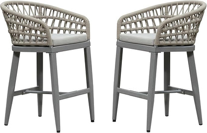 PURPLE LEAF Outdoor Rattan 24" Counter Height Bar Stools Chair Set of 2, Modern Patio Wicker Barstool with Backrest for Indoor and Outdoor, Kitchen Island, Light Grey
