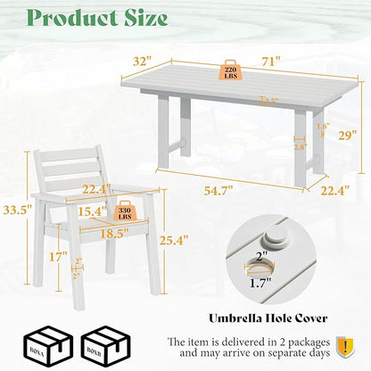 AMERLIFE 7-Piece HDPE Outdoor Dining Set with Umbrella Hole, 71" L Patio Table and Chairs Set for 6, Modern Garden Dining Set for Backyard, Poolside, Seaside, Porch, White