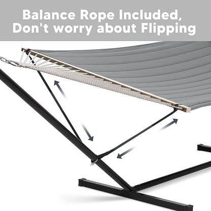 SUNCREAT Double Hammock with 15 ft Stand, Outdoor Hammock with Stand, Balance Straps, Light Gray
