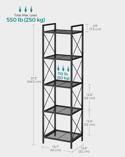 SONGMICS 5-Tier Metal Storage Rack, Shelving Unit with X Side Frames, Dense Mesh, 12.6 x 15.7 x 57.3 Inches, for Entryway, Kitchen, Living Room, Bathroom, Industrial Style, Ink Black UBSC145B01