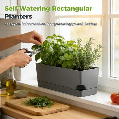 4 Pack Self Watering Pots for Indoor Plants 17 Inches Window Boxes Planters Rectangular Flower Pots Rectangle Herb Pots Large Plant Pots with Drainage Holes and Saucers Windowsill Planter, Grey