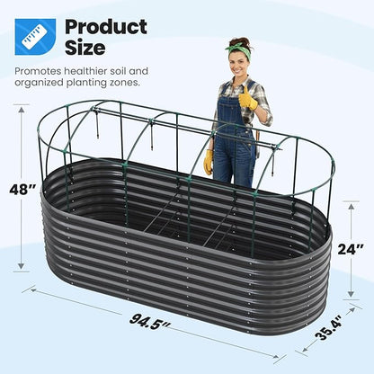 Quictent Galvanized Raised Garden Bed Kit with Self Watering System and Mesh Cover, Large Oval Metal Outdoor Planter Garden Boxes for Vegetables Herbs Flowers, 8x3x2Ft